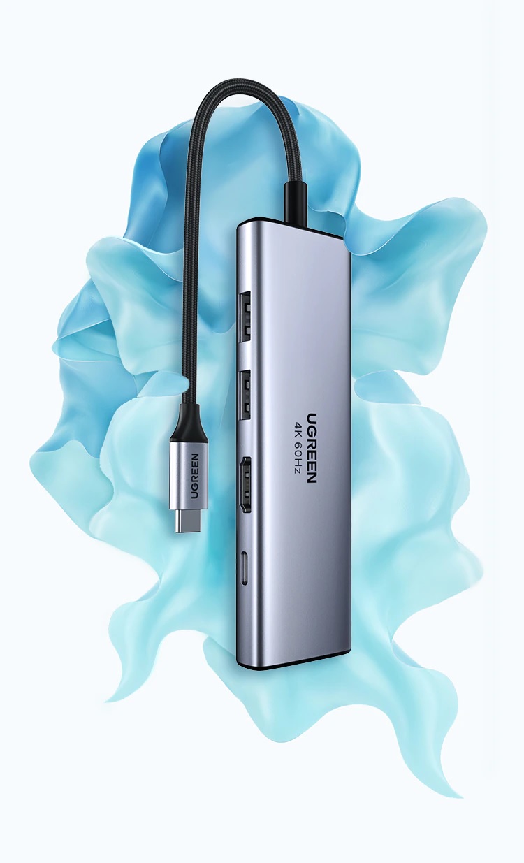 Ugreen 60384 - Bộ chuyển USB typeC sang 2×USB3.0+HDMI (4K60HZ)+SD TF+PD 6 IN 1
